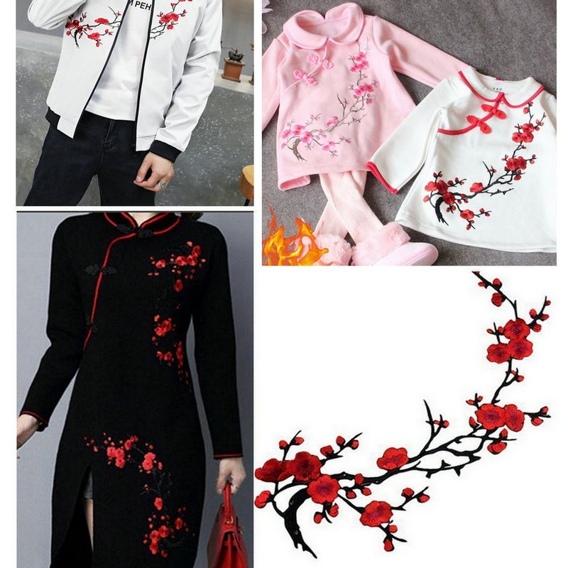 1pcs Big Plum Blossom Iron On Patches Embroidery Flower Appliques 14.1"x7.5" (36x19cm) (Red/Black)